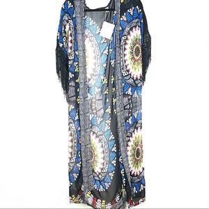 NWT MQR Blue red bohemian style duster for swimsuit cover up size large L B107